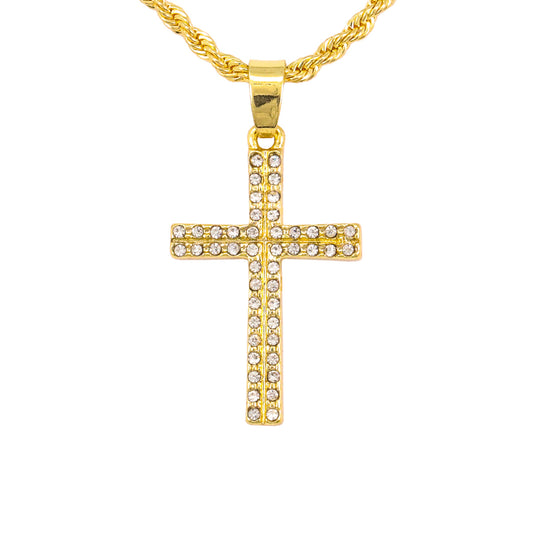 Iced Mini Cross Pendant with 3mm Rope Chain 24" - RC-202