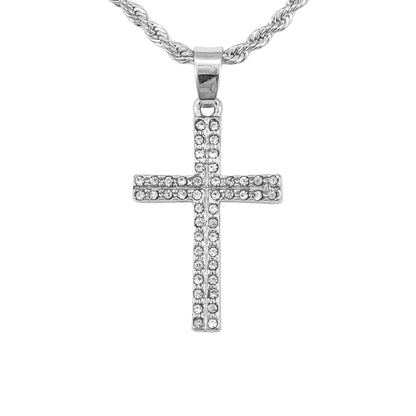 Iced Mini Cross Pendant with 3mm Rope Chain 24" - HC-202