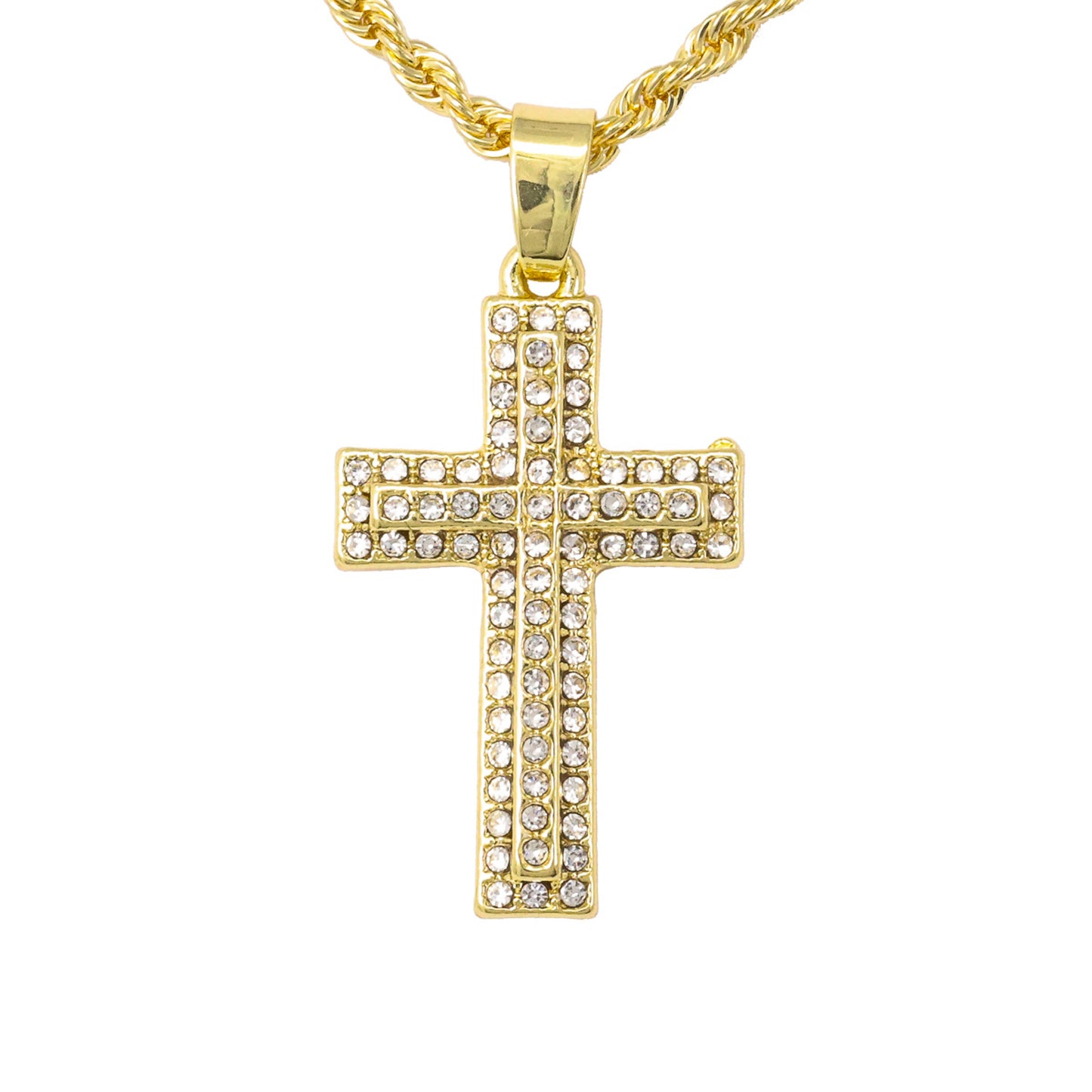 Iced Mini Cross Pendant with 3mm Rope Chain 24" - HC-203