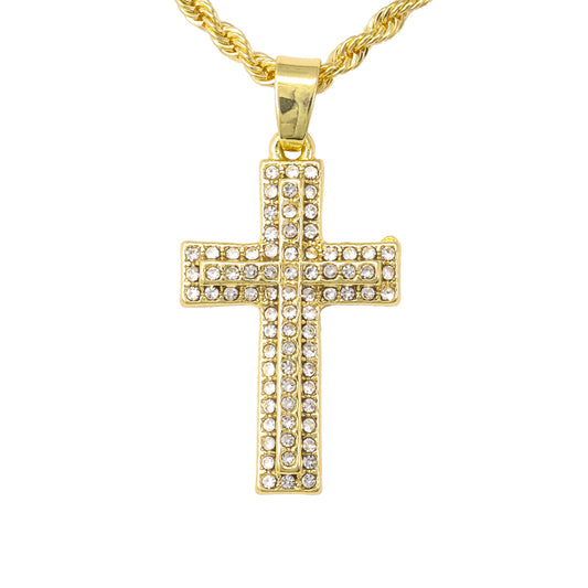 Iced Mini Cross Pendant with 3mm Rope Chain 24" - HC-203