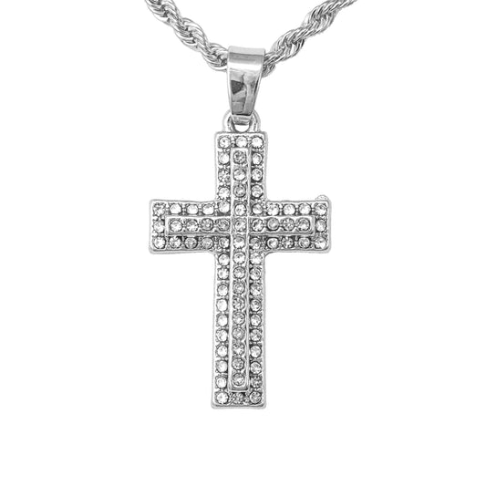 Iced Mini Cross Pendant with 3mm Rope Chain 24" - HC-203