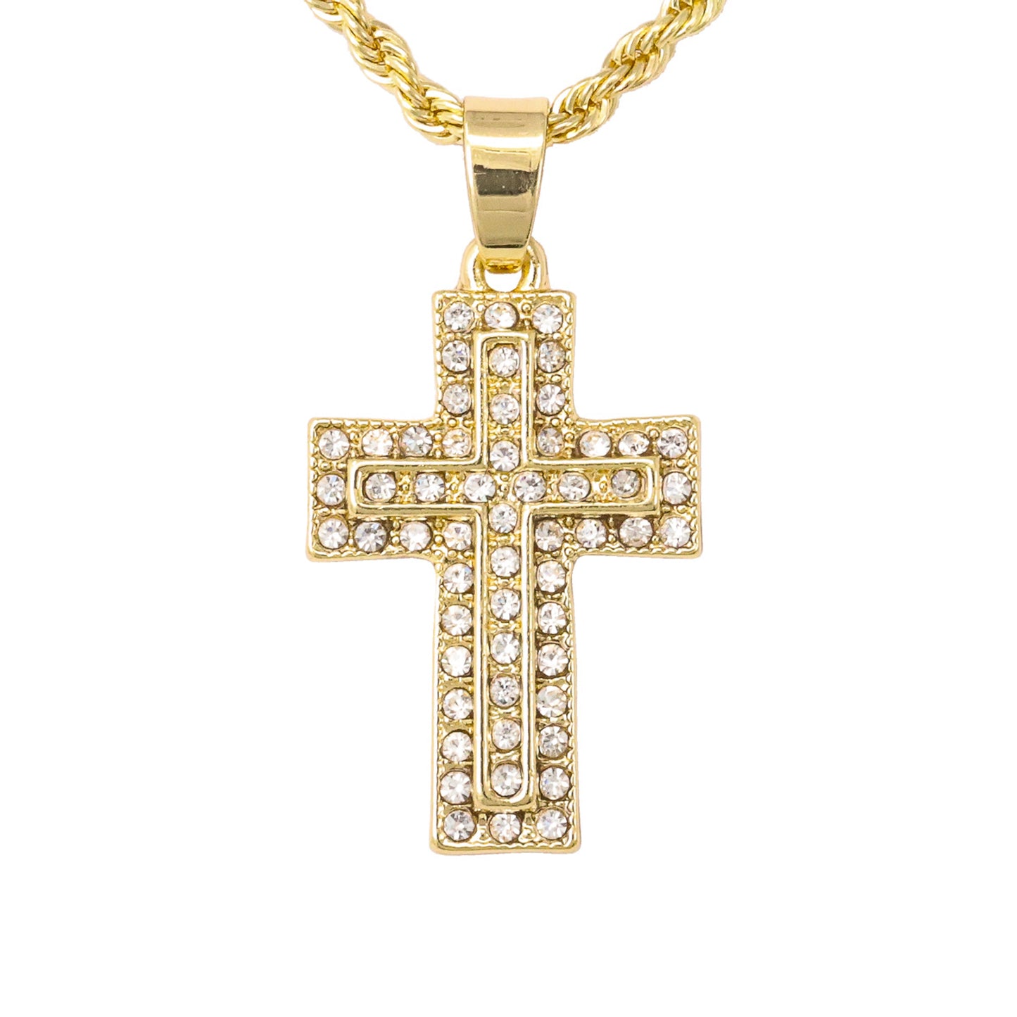 Iced Mini Cross Pendant with 3mm Rope Chain 24" - HC-204
