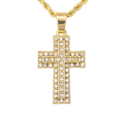 Iced Mini Cross Pendant with 3mm Rope Chain 24" - HC-204