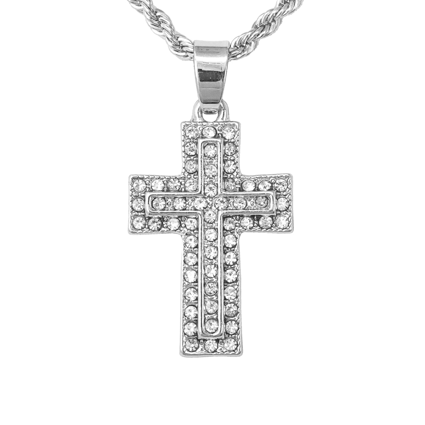 Iced Mini Cross Pendant with 3mm Rope Chain 24" - HC-204