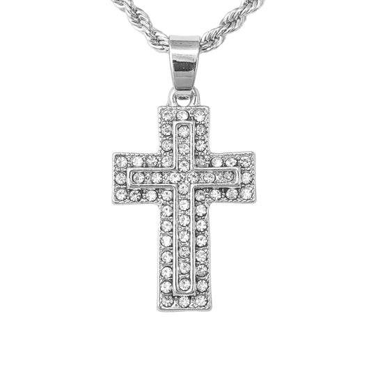Iced Mini Cross Pendant with 3mm Rope Chain 24" - HC-204