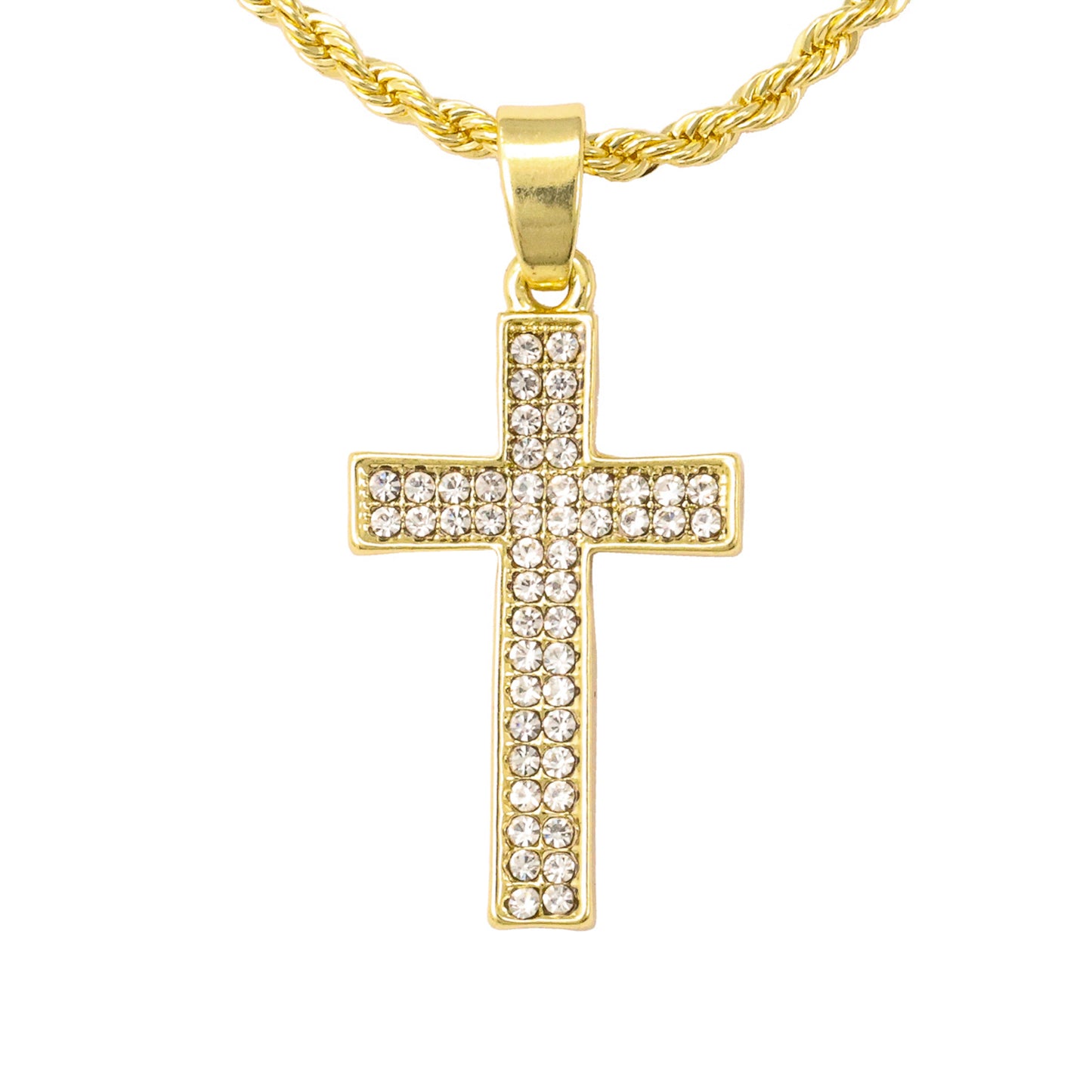 Iced Mini Cross Pendant with 3mm Rope Chain 24" - HC-205