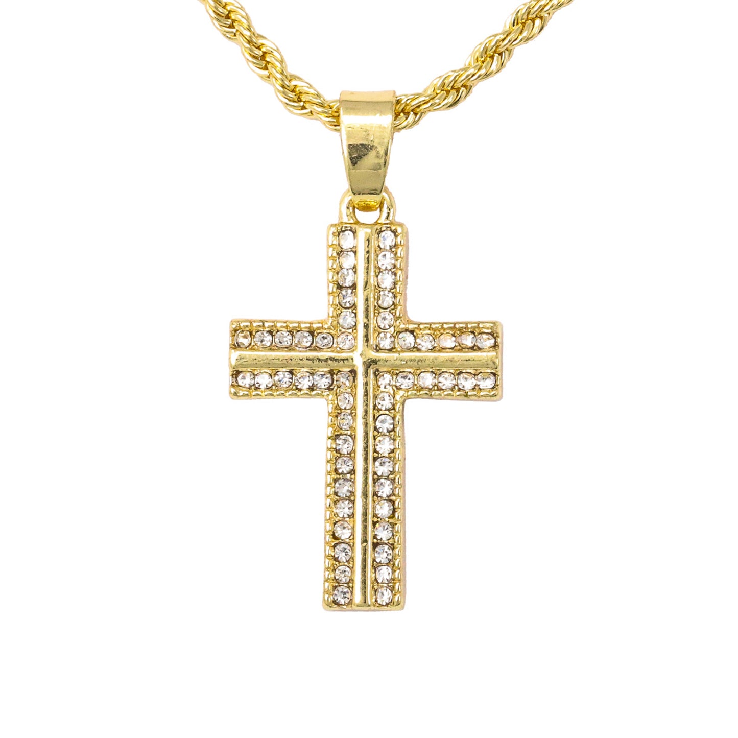 Iced Mini Cross Pendant with 3mm Rope Chain 24" - HC-206