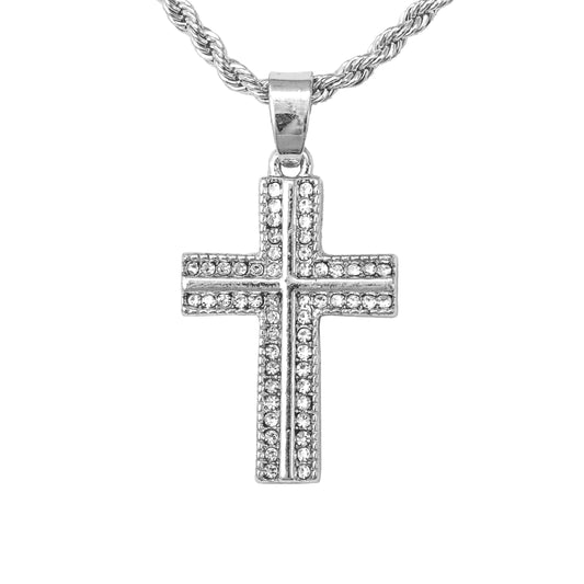 Iced Mini Cross Pendant with 3mm Rope Chain 24" - HC-206