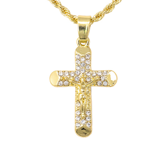 Iced Mini Crucifix Pendant with 3mm Rope Chain 24" - HC-207