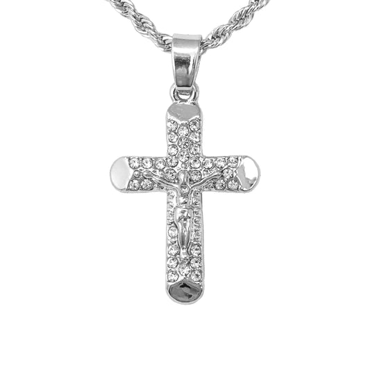 Iced Mini Crucifix Pendant with 3mm Rope Chain 24" - HC-207