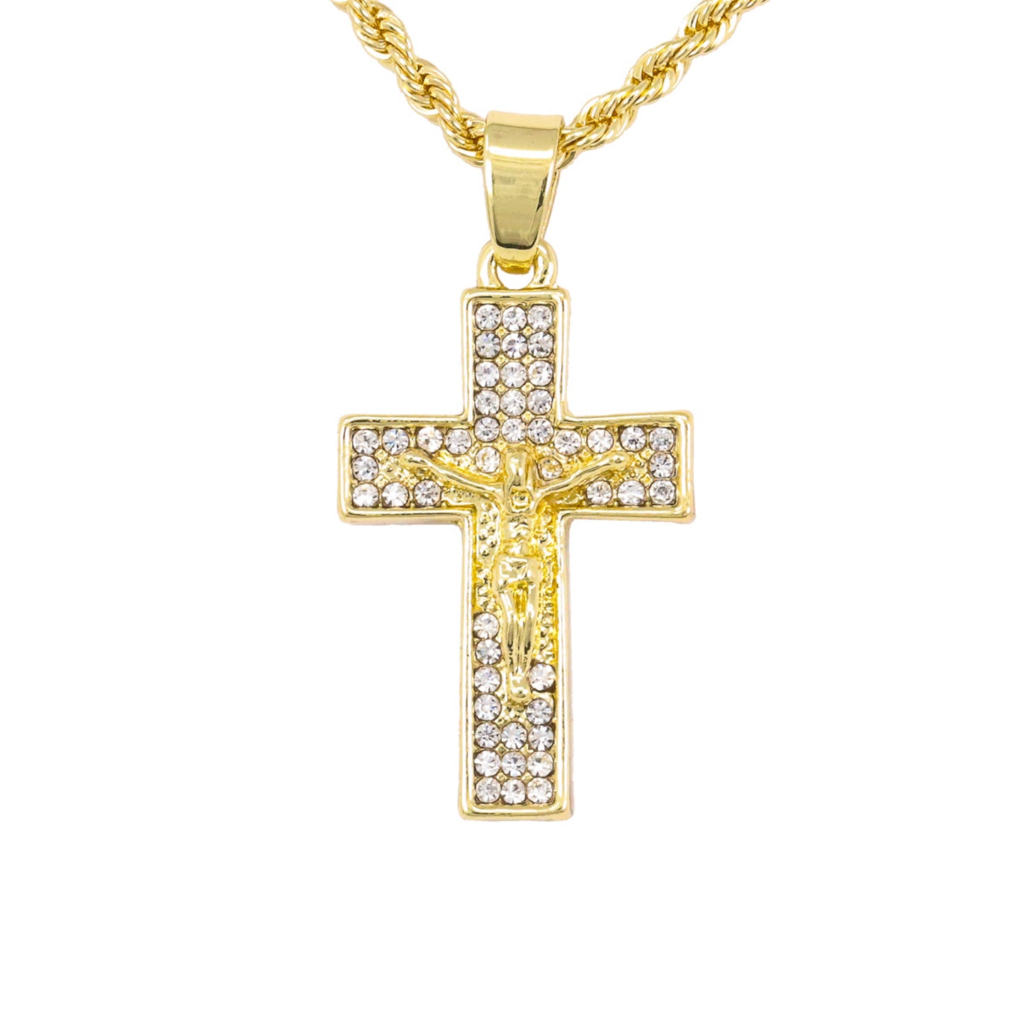 Iced Mini Crucifix Pendant with 3mm Rope Chain 24" - HC-208