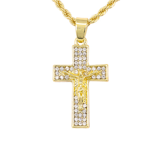 Iced Mini Crucifix Pendant with 3mm Rope Chain 24" - HC-208