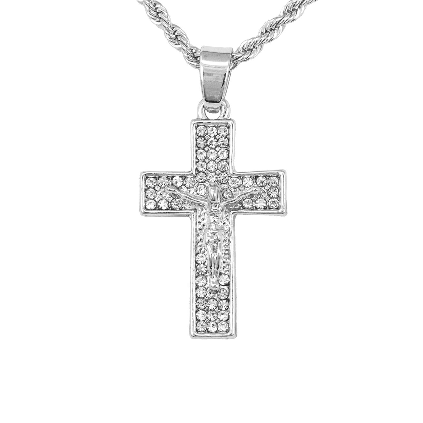 Iced Mini Crucifix Pendant with 3mm Rope Chain 24" - HC-208