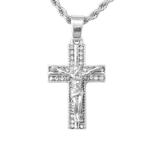 Iced Mini Crucifix Pendant with 3mm Rope Chain 24" - HC-209
