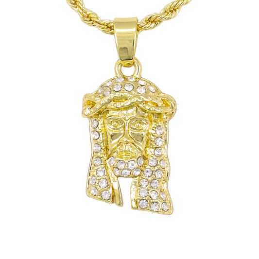 Iced Mini Jesus Pendant with 3mm Rope Chain 24" - HC-210