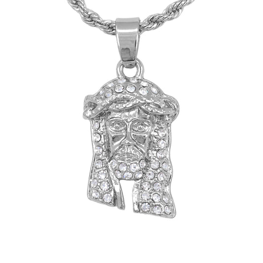 Iced Mini Jesus Pendant with 3mm Rope Chain 24" - HC-210