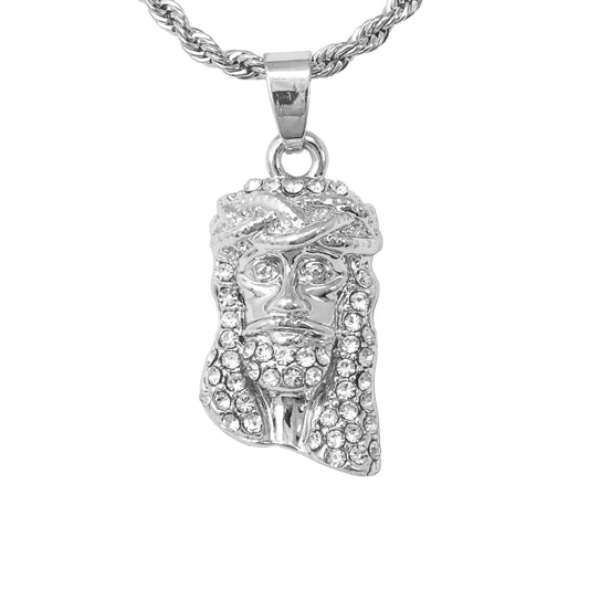 Iced Mini Jesus Pendant with 3mm Rope Chain 24" - HC-211