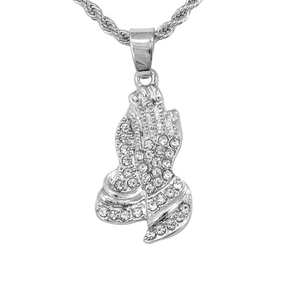 Iced Mini Praying Hands Pendant with 3mm Rope Chain 24" - HC-212