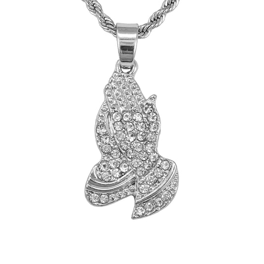 Iced Mini Praying Hands Pendant with 3mm Rope Chain 24" - HC-213**