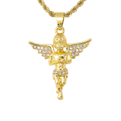 Iced Mini Angel Pendant with 3mm Rope Chain 24" - HC-214