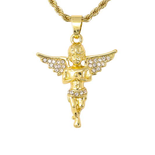 Iced Mini Angel Pendant with 3mm Rope Chain 24" - HC-214