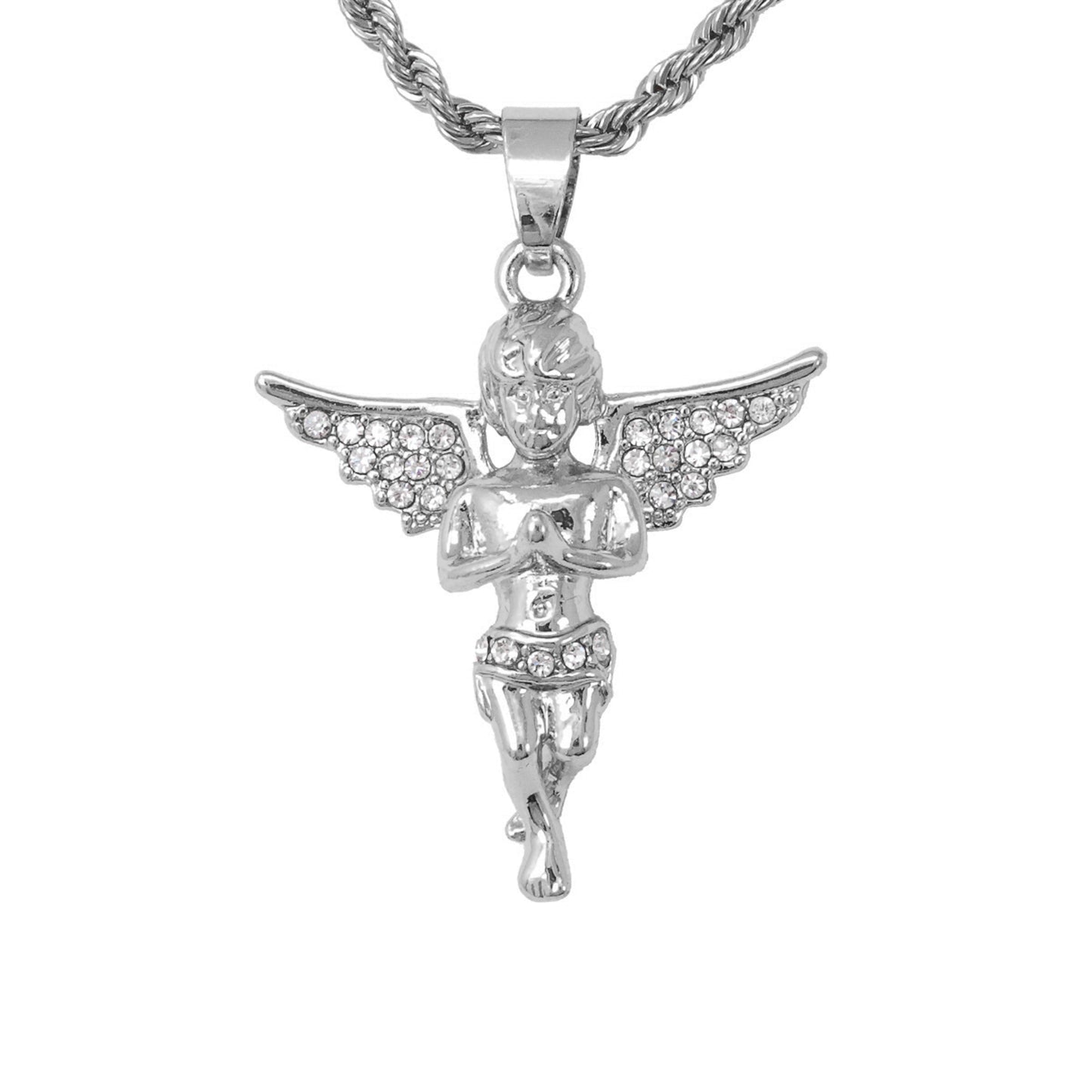 Iced Mini Angel Pendant with 3mm Rope Chain 24" - HC-214