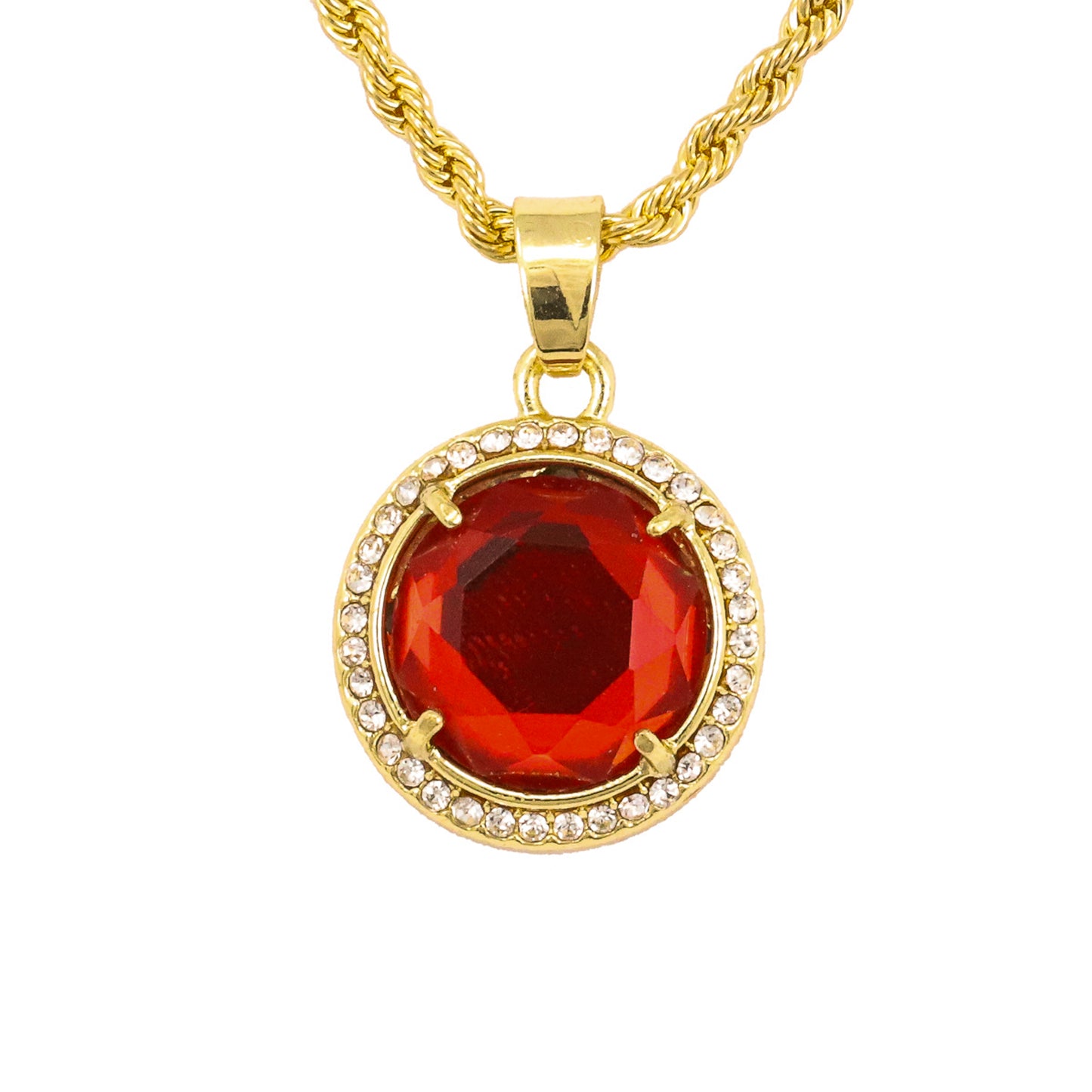 Iced Mini RubyStone Pendant with 3mm Rope Chain 24" - HC-220