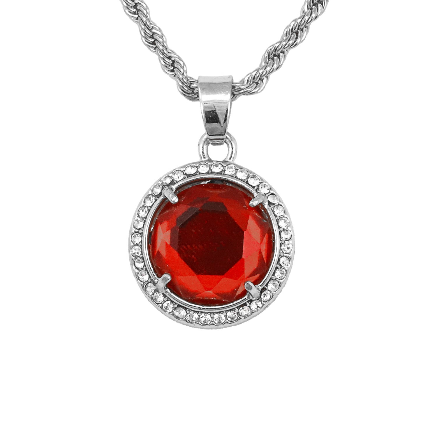 Iced Mini RubyStone Pendant with 3mm Rope Chain 24" - HC-220