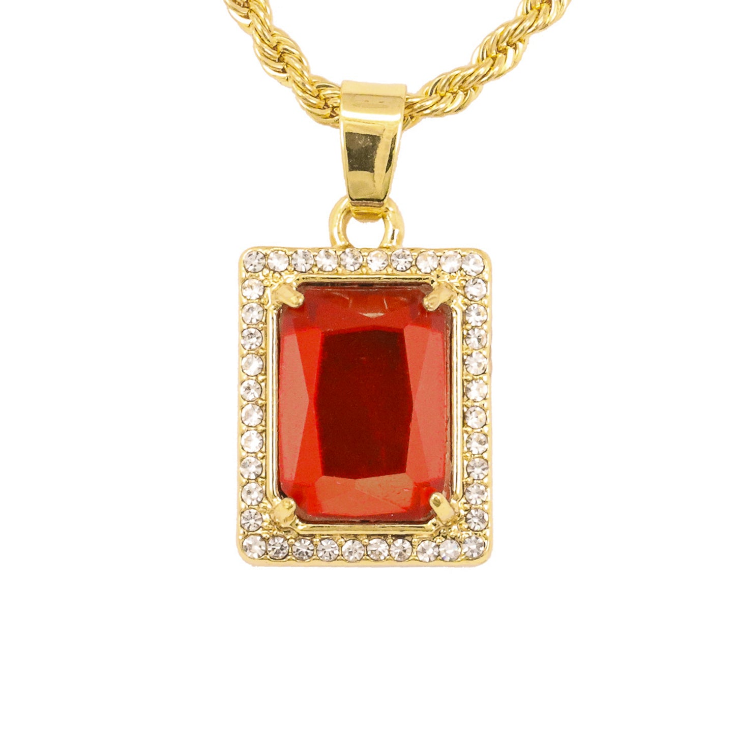 Iced Mini RubyStone Pendant with 3mm Rope Chain 24" - HC-223
