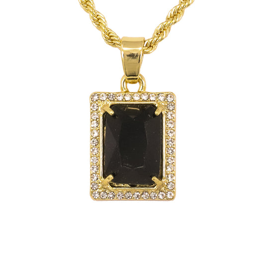 Iced Mini Black Stone Pendant with 3mm Rope Chain 24" - HC-224**