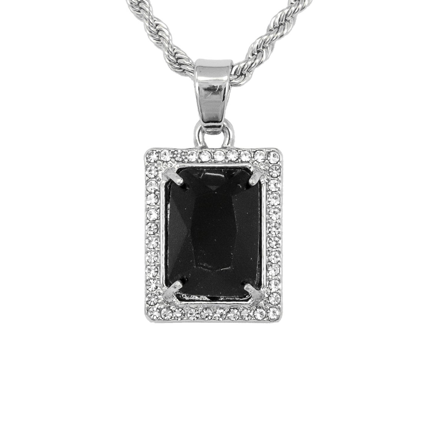 Iced Mini Black Stone Pendant with 3mm Rope Chain 24" - HC-224**