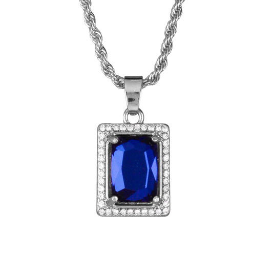 Iced Mini Blue Stone Pendant with 3mm Rope Chain 24" - HC-225**
