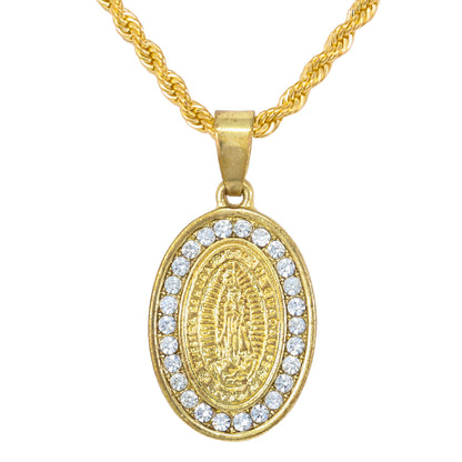 Iced Mini Guadalupe Pendant with 3mm Rope Chain 24" - HC-226