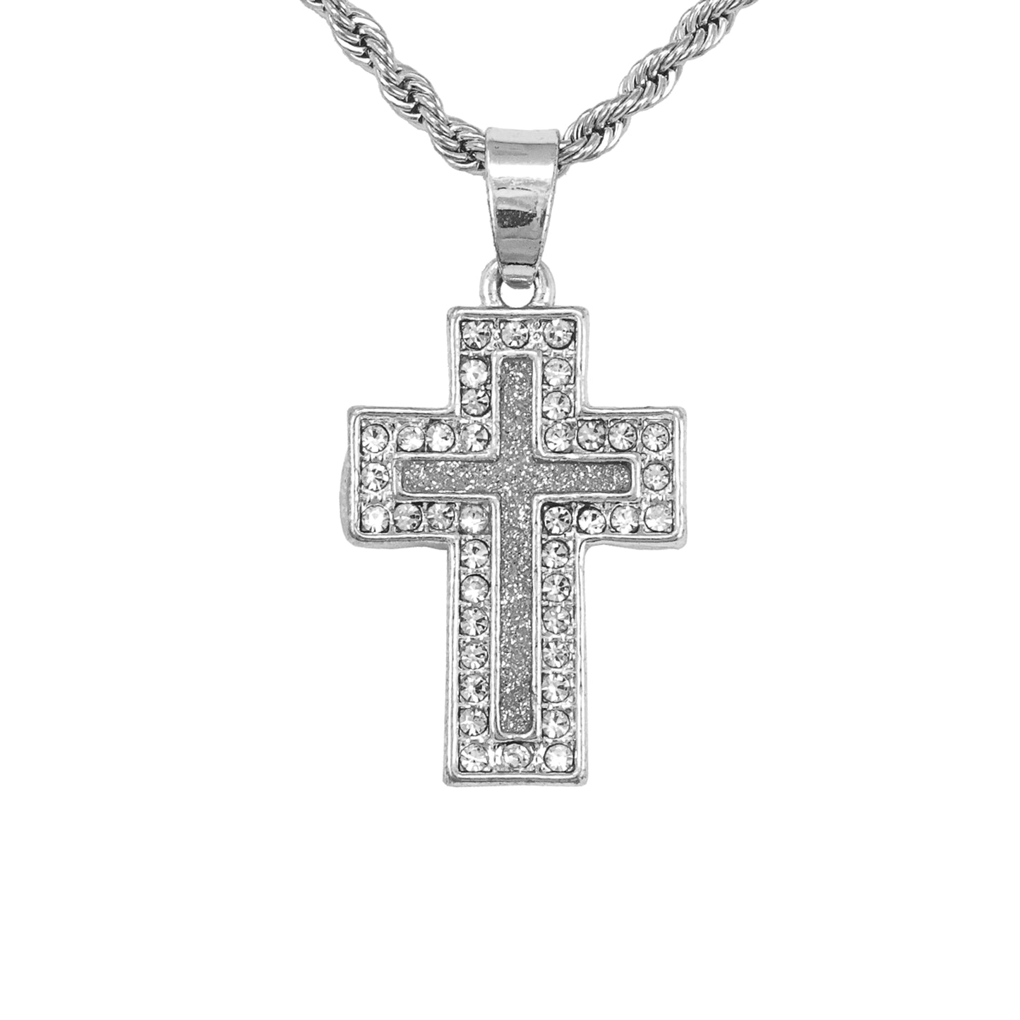 Iced Mini Cross Pendant with 3mm Rope Chain 24" - HC-230**