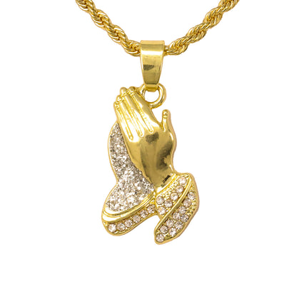 Iced Mini Praying Hands Pendant with 3mm Rope Chain 24" - HC-239**