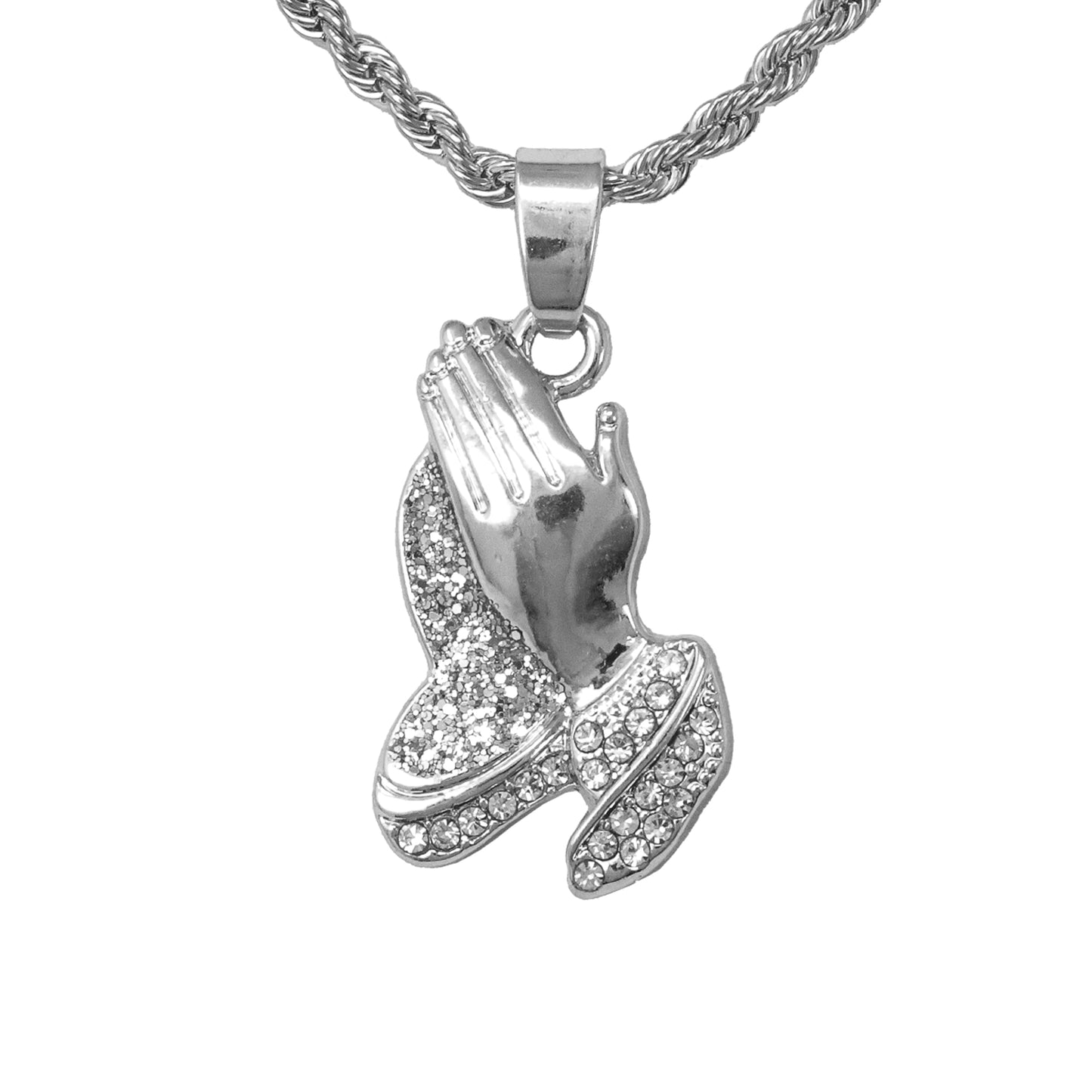 Iced Mini Praying Hands Pendant with 3mm Rope Chain 24" - HC-239**