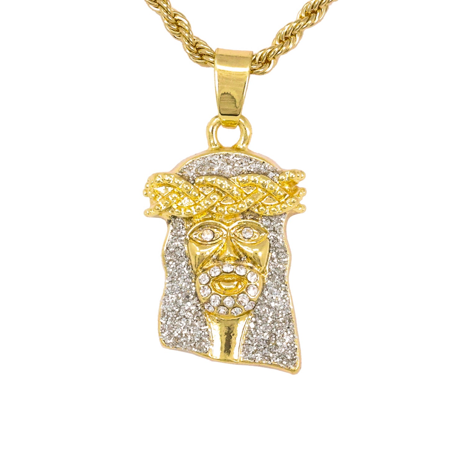 Iced Mini Jesus Pendant with 3mm Rope Chain 24" - HC-240