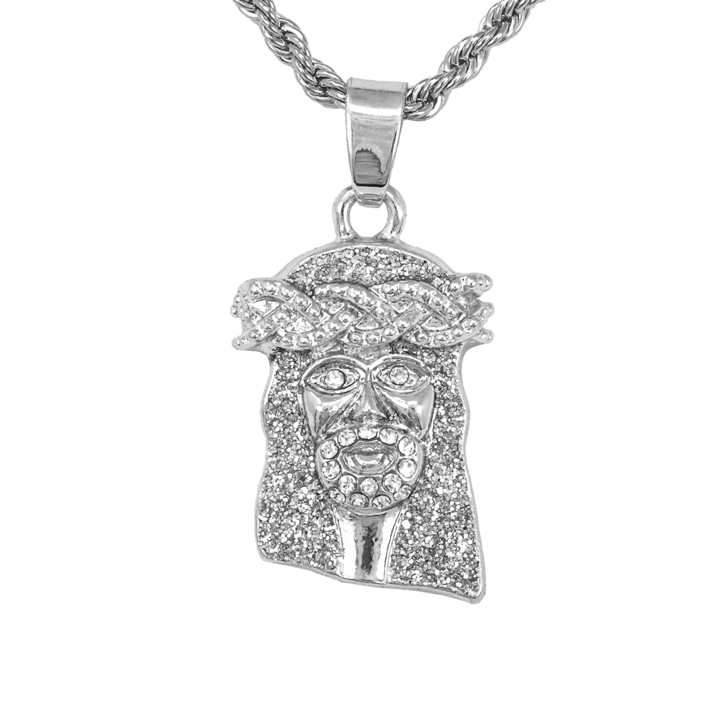 Iced Mini Jesus Pendant with 3mm Rope Chain 24" - HC-240