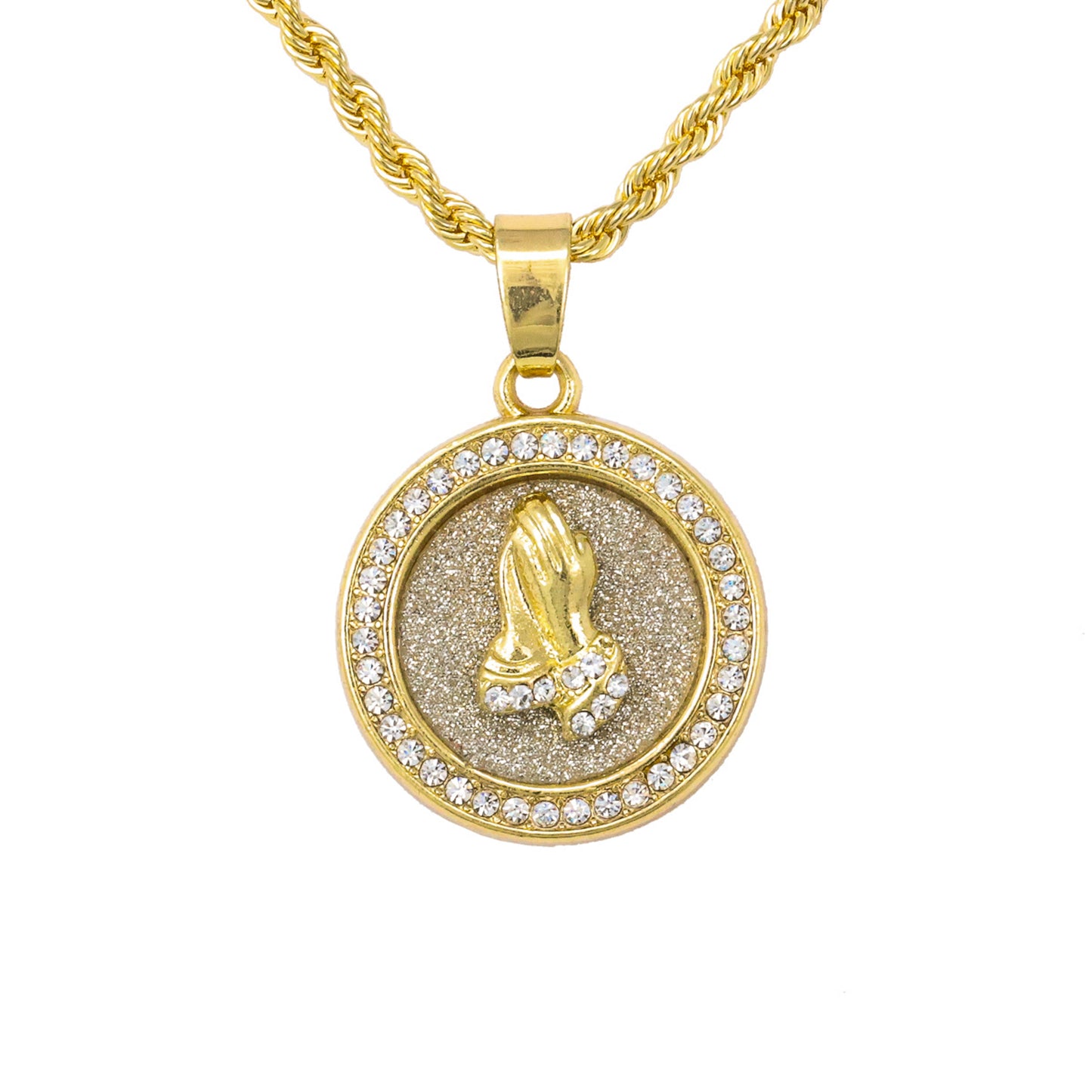 Iced Mini Praying Hands Pendant with 3mm Rope Chain 24" - HC-241
