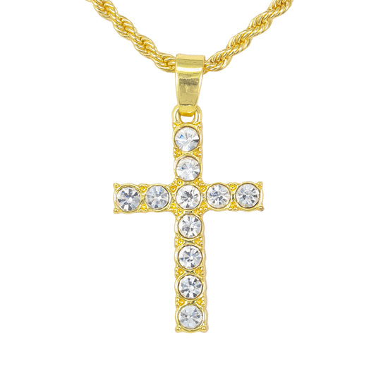 Iced Mini Cross Pendant with 3mm Rope Chain 24" - HC-244