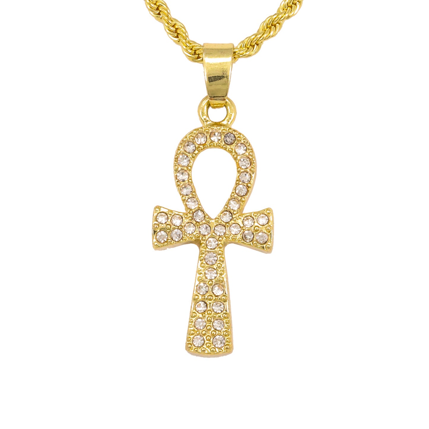 Iced Mini Ankh Pendant with 3mm Rope Chain 24" - HC-249
