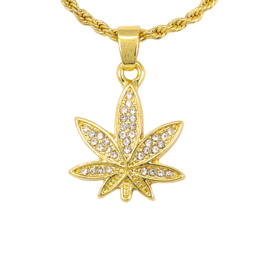 Iced Mini Leaf Pendant with 3mm Rope Chain 24" - HC-250