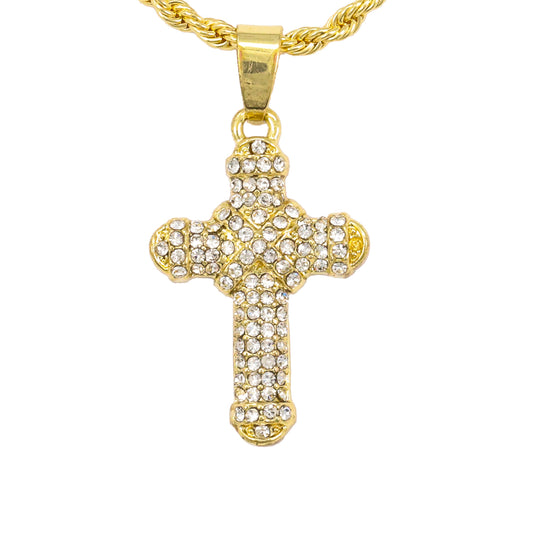 Iced Mini Cross Pendant with 3mm Rope Chain 24" - HC-265