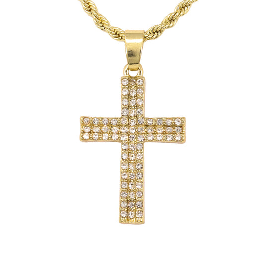 Iced Mini Cross Pendant with 3mm Rope Chain 24" - HC-268