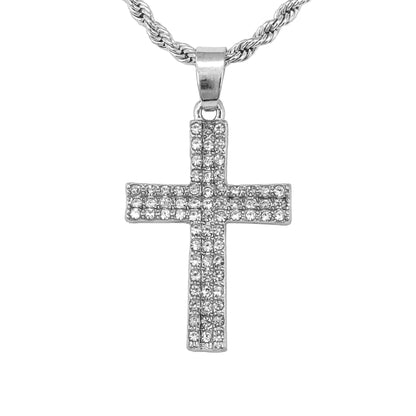 Iced Mini Cross Pendant with 3mm Rope Chain 24" - HC-268