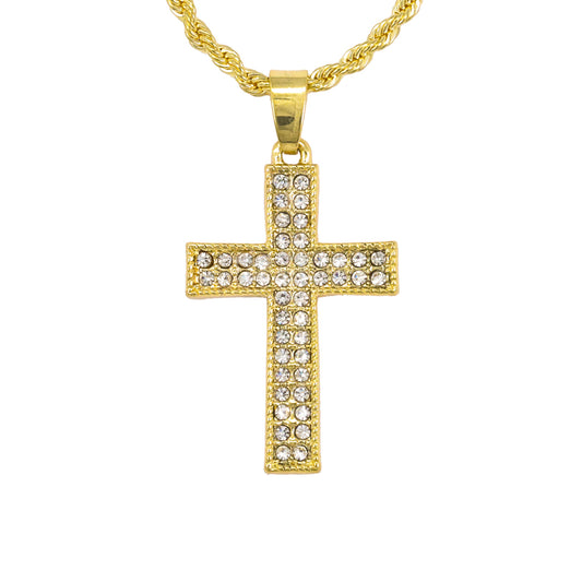 Iced Mini Cross Pendant with 3mm Rope Chain 24" - HC-269**