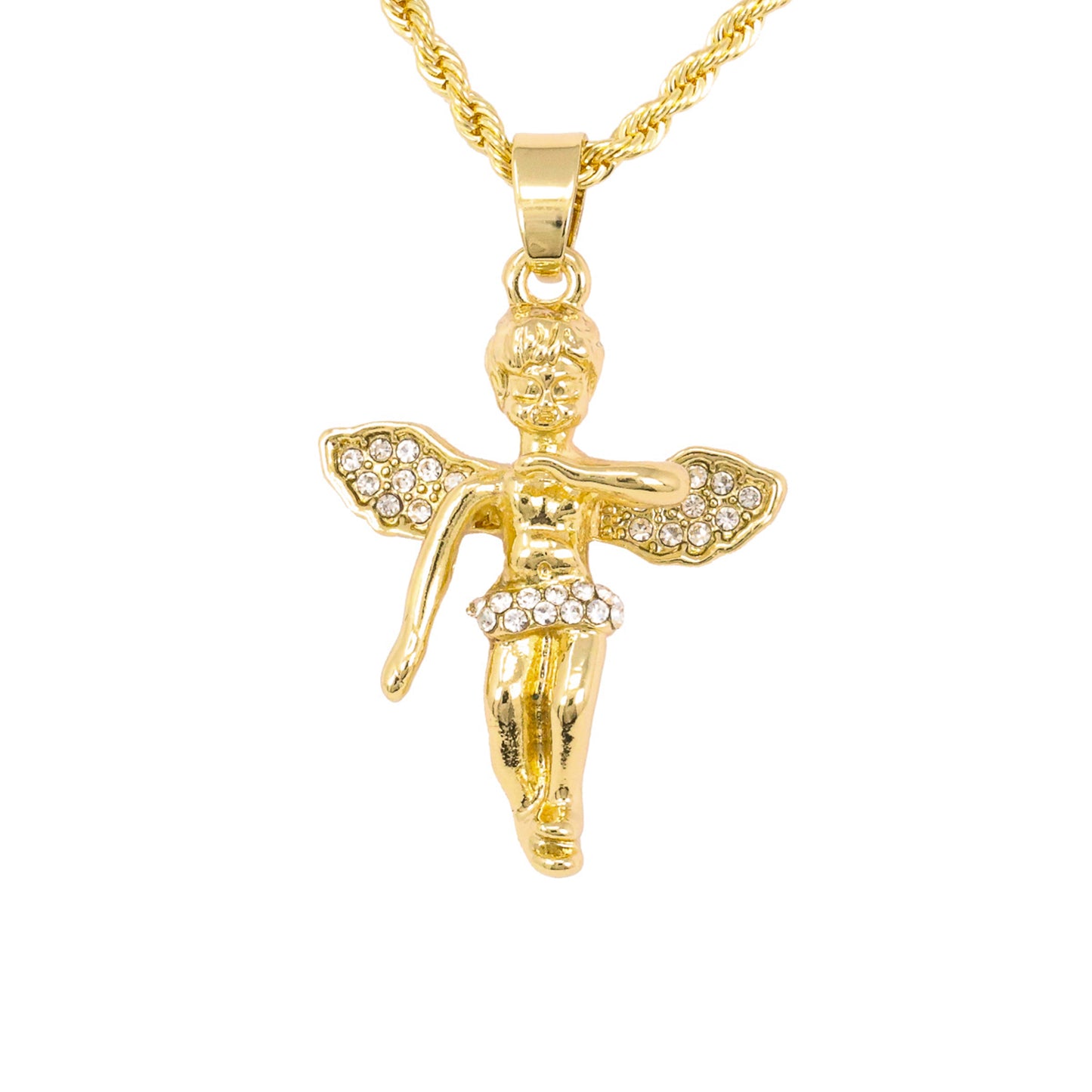 Iced Mini Angel Pendant with 3mm Rope Chain 24" - HC-275**