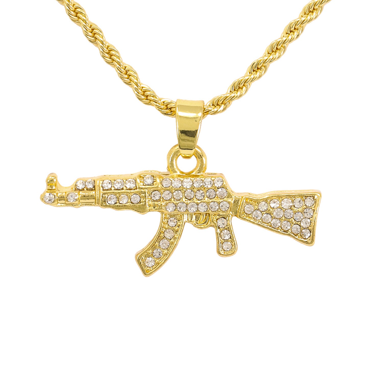 Iced Mini Gun Pendant with 3mm Rope Chain 24" - HC-287
