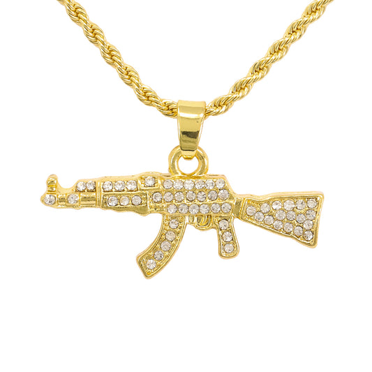 Iced Mini Gun Pendant with 3mm Rope Chain 24" - HC-287