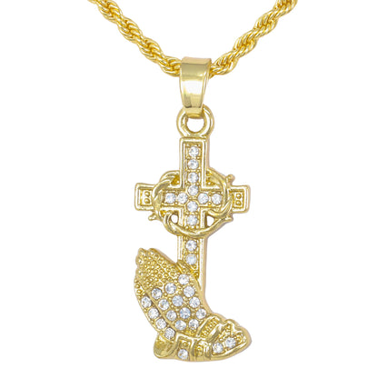 Iced Mini Praying Hands Pendant with 3mm Rope Chain 24" - HC-288**